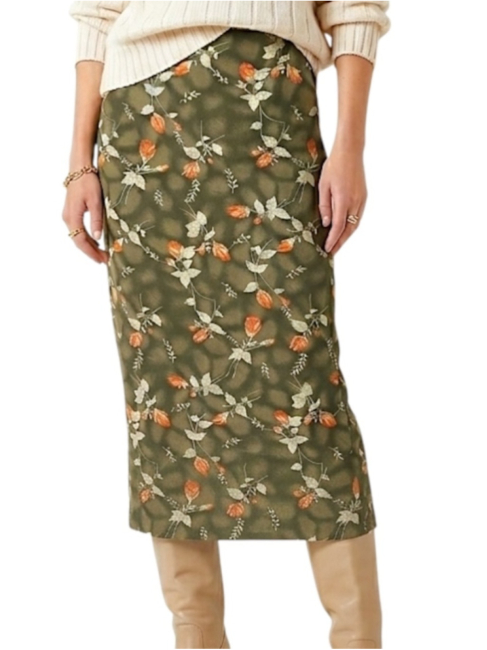 Vintage 80s 90s green floral print straight wrap midi maxi pencil skirt 12